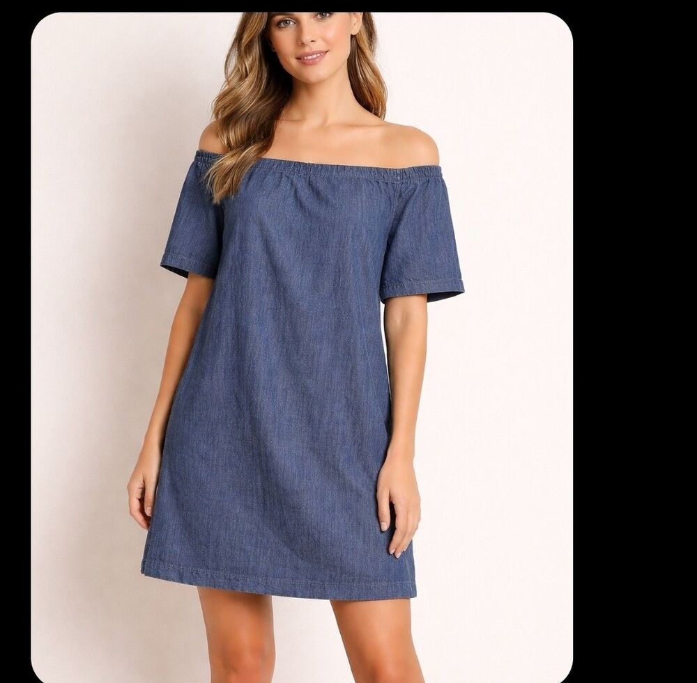 Madewell Women's  Classic  Chambray  Off-Shoulder Knee Length  Dress Size 10